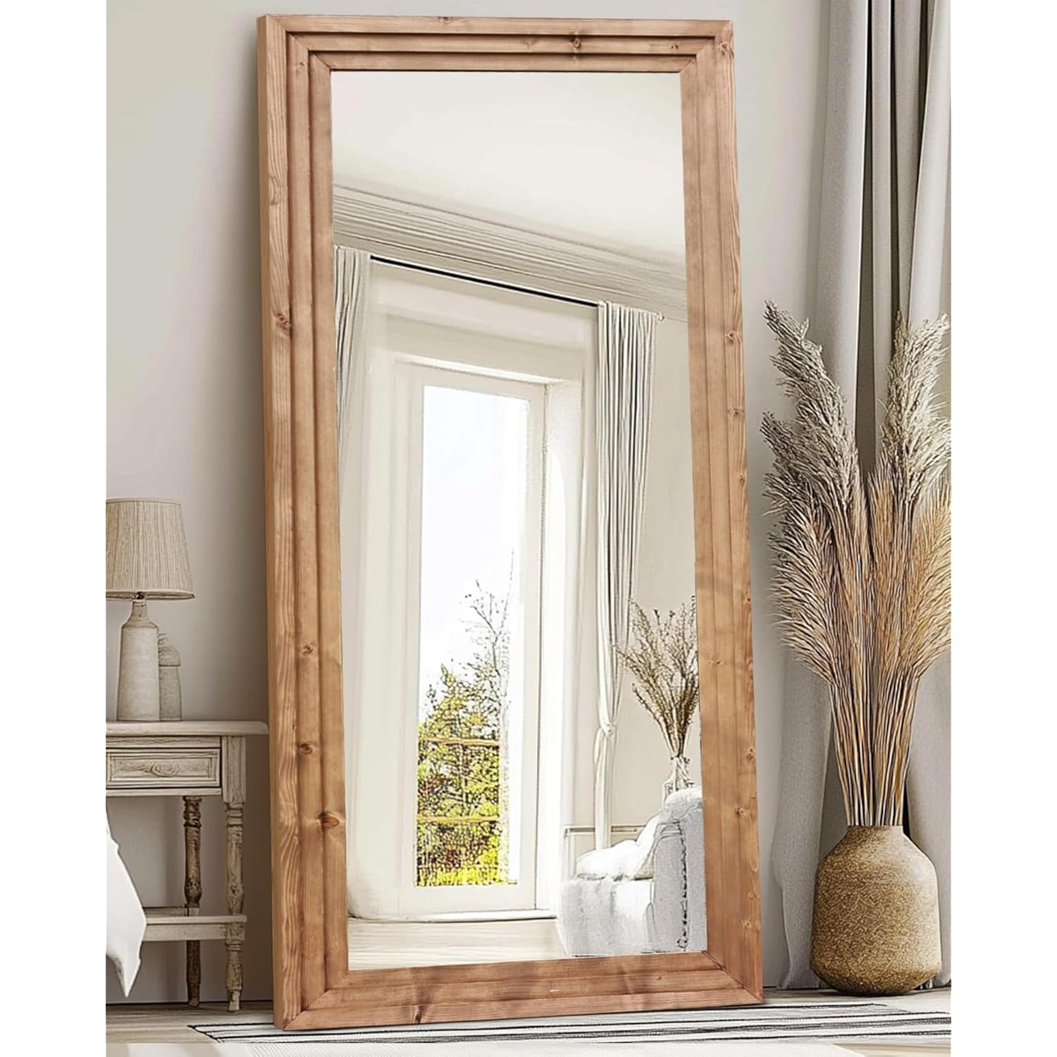 Full Length Mirror 76"X34" Solid Wood Frame Floor Large Mirror For Living Room, Bedroom Hanging Or Leaning Wall-Mounted, Light Brown
