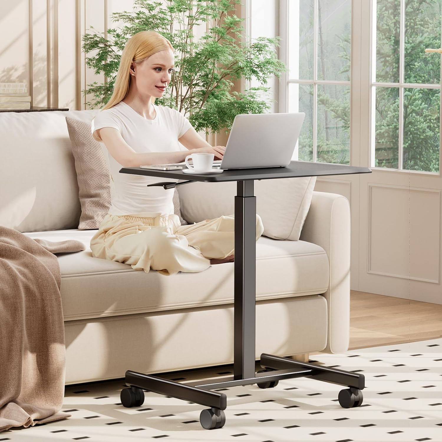 Dumos Mobile Rolling Desk With Wheels Adjustable Height | Small Standing Desks Portable Laptop Pc Table, Computer Workstation For Home Office Small Space, Modern Black