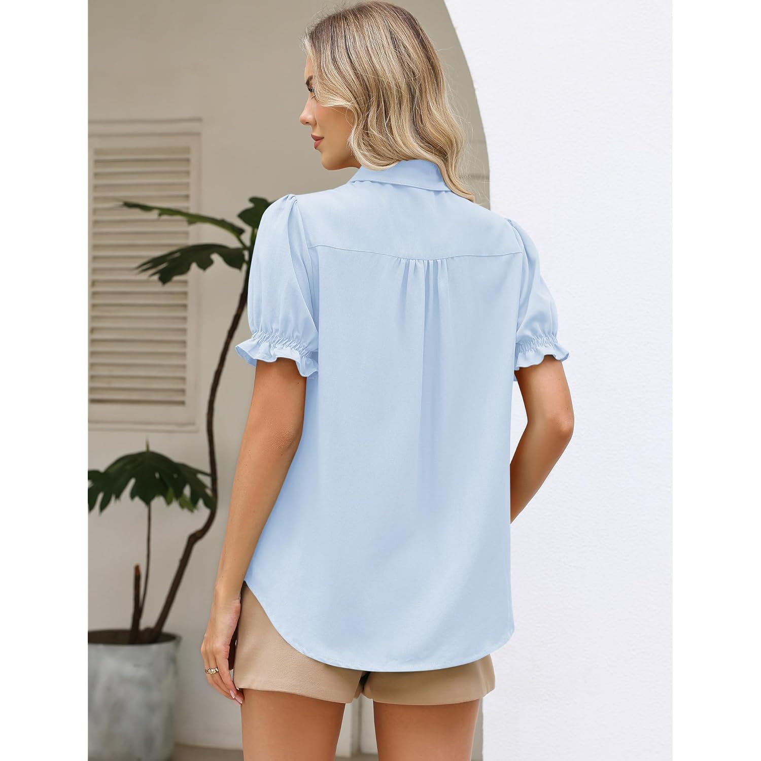 Linen Shirts for Women Puff Sleeve Button Down Summer Casual Cotton Linen Blouses Collared Work Tops Dressy