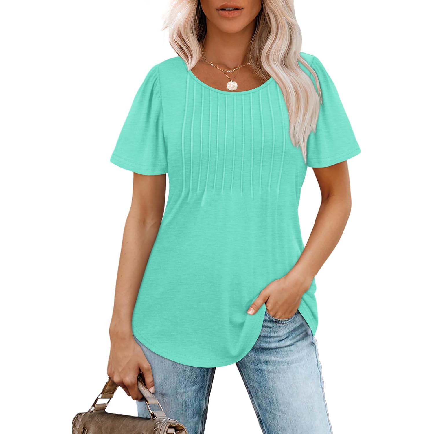 Womens T Shirts Short Sleeve Pleated Dressy Casual Scooped Neck Summer Tops Blouses