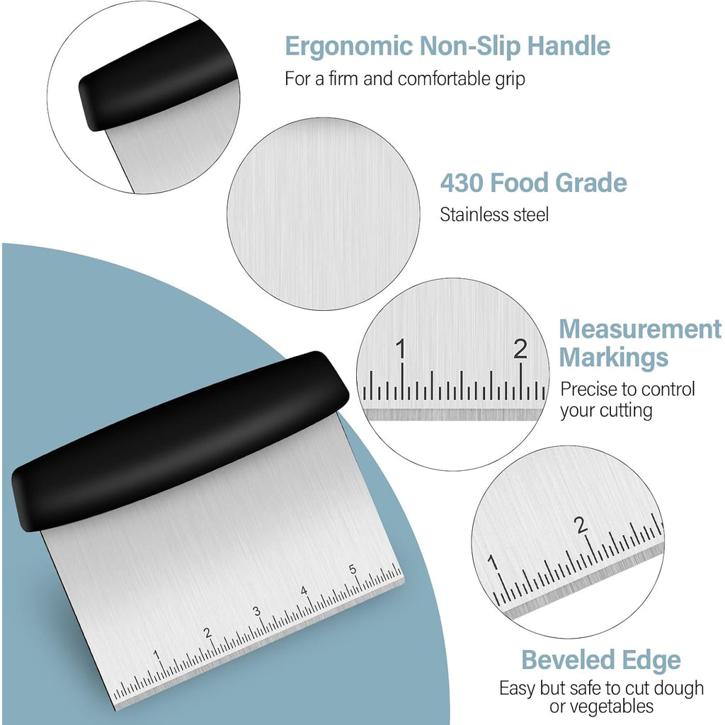 Ecavria Bench Scraper, Premium Stainless Steel Dough Scraper With 2 Pcs Flexible Bowl Scraper, Dough Cutter With Measuring Scale, Versatile Kitchen Scraper Set For Pastry Bread Pizza Cake
