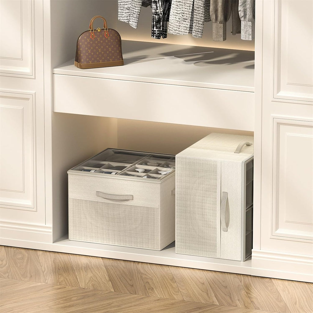 Shoe Organizer For Closet, Foldable Shoe Storage With Adjustable Dividers | Fabric Shoe Storage Organizer Box Bin With Adjustable Dividers And Clear Cover, Fits Up To 16-32 Pairs