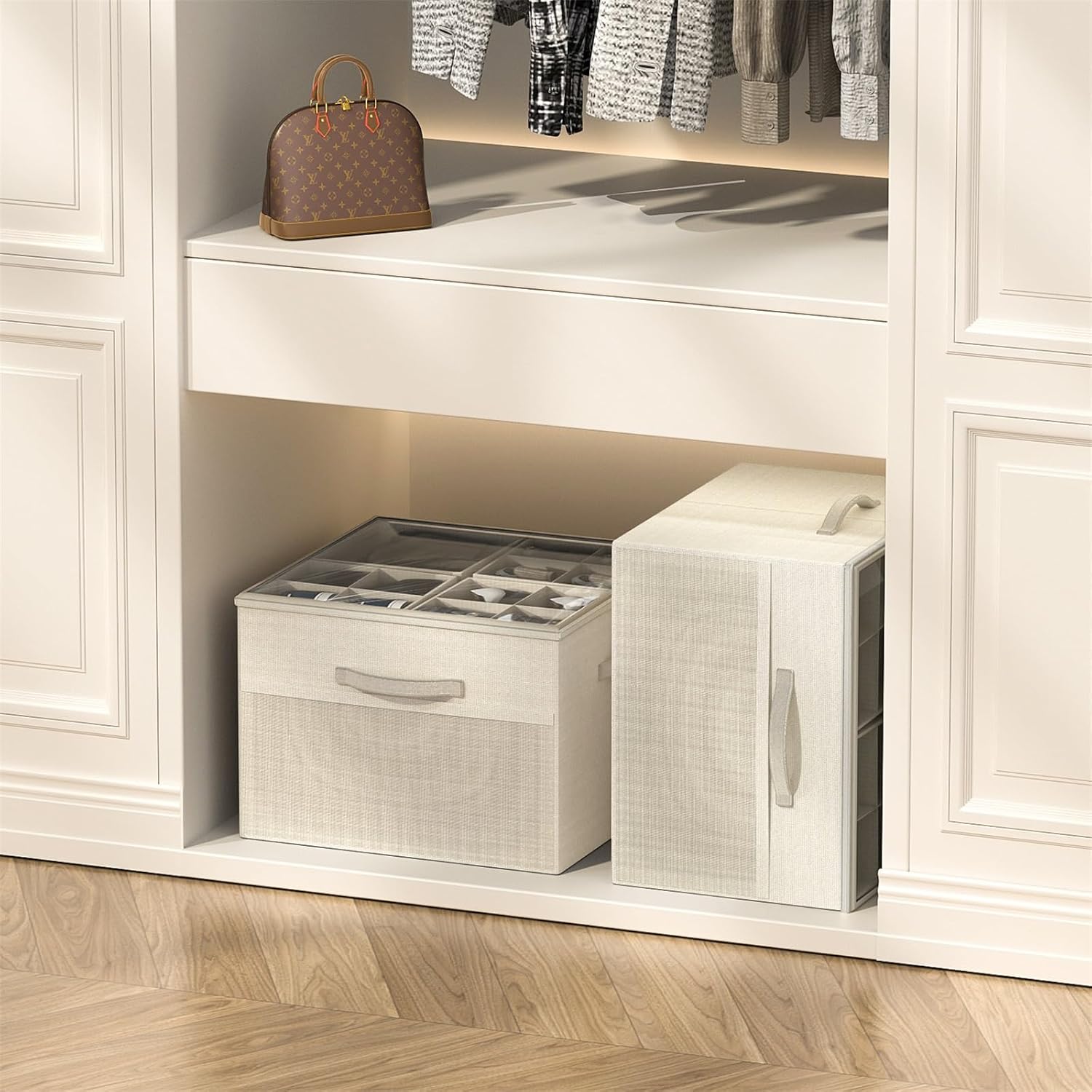 Shoe Organizer For Closet, Foldable Shoe Storage With Adjustable Dividers | Fabric Shoe Storage Organizer Box Bin With Adjustable Dividers And Clear Cover, Fits Up To 16-32 Pairs