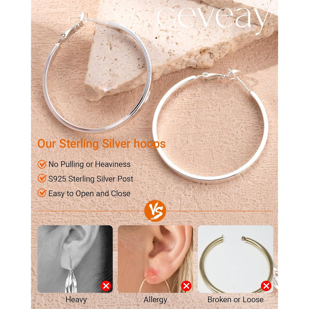S925 Sterling Silver Post Hoop Earrings for Women Large Lightweight Silver Hoop Earrings 3mm Wide Thin Big Hoop Earrings for Women 30/40/50/60mm