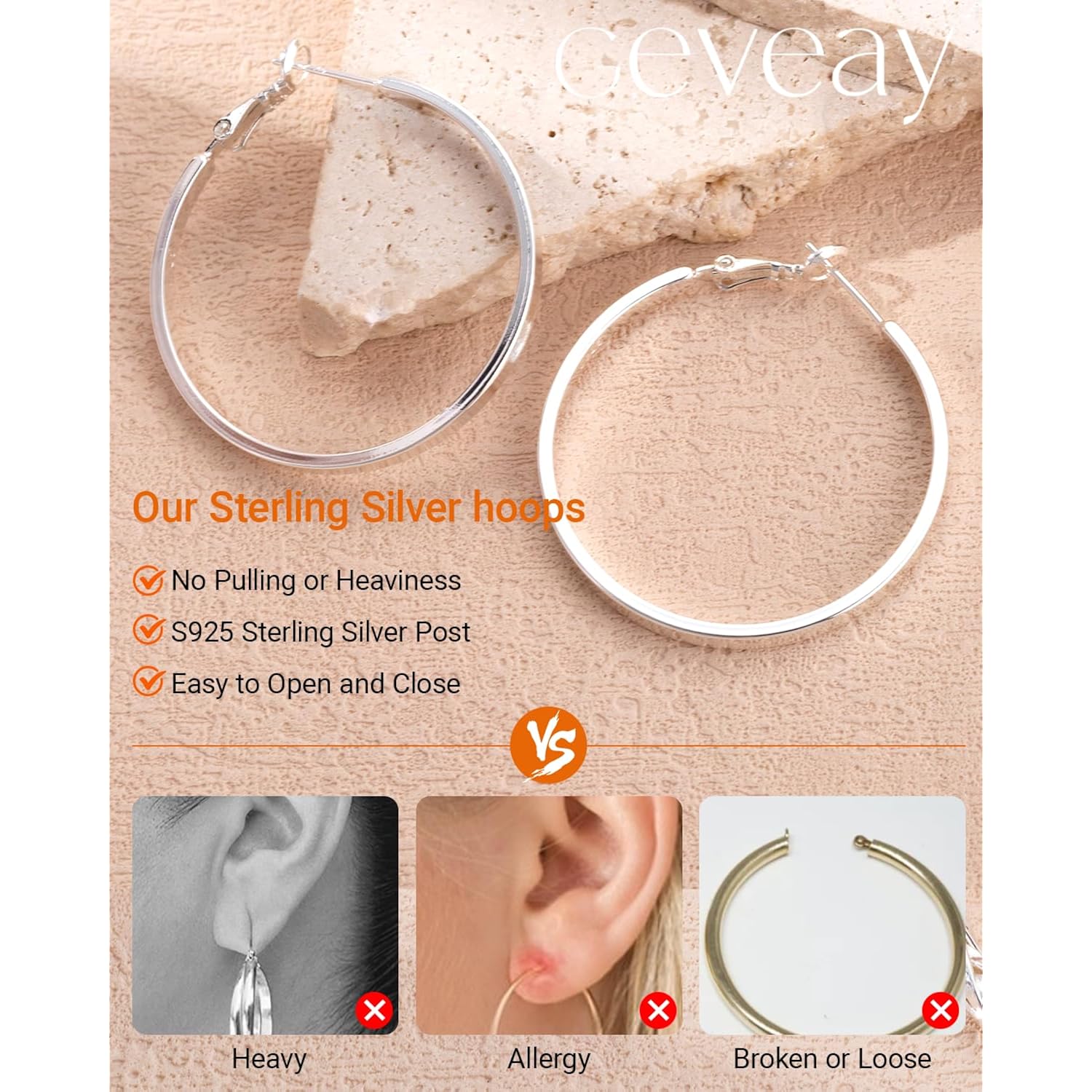 S925 Sterling Silver Post Hoop Earrings for Women Large Lightweight Silver Hoop Earrings 3mm Wide Thin Big Hoop Earrings for Women 30/40/50/60mm