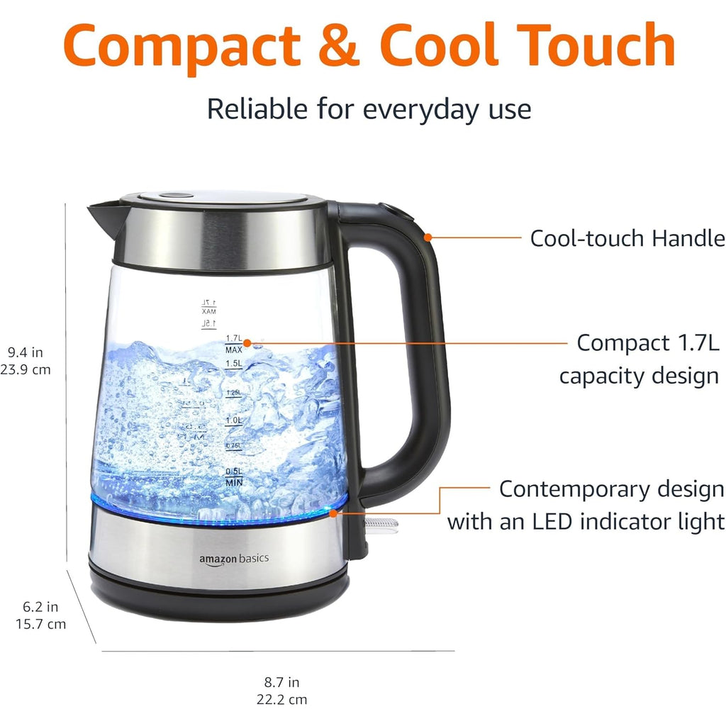 Amazon Basics Electric Kettle with Glass Carafe for Tea and Coffee, BPA-Free, Fast Boiling, Auto Shut-Off, Boil-Dry Protection, Water Level Indicator, 1.7 Liter, 1500W, Black and Silver
