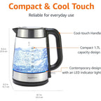 Amazon Basics Electric Kettle with Glass Carafe for Tea and Coffee, BPA-Free, Fast Boiling, Auto Shut-Off, Boil-Dry Protection, Water Level Indicator, 1.7 Liter, 1500W, Black and Silver