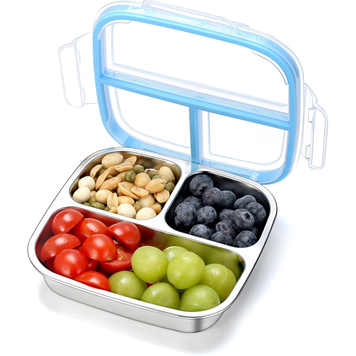 Stainless Steel Snack Containers, 3 Compartments Reusable On And Go Bento Box With Lids For Kids, Lunch Box Pre Meal Storage For Daycare School Outdoor Camping Travel - Blue