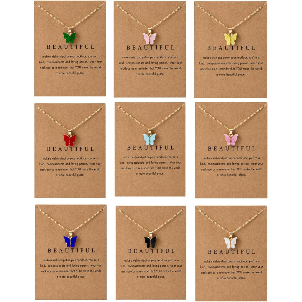 LOTSOF 18 Piece Butterfly Pendant Necklace Set, Colorful Acrylic Chain Necklaces for Women, Bohemian Jewelry Gift