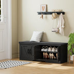 Homsho Farmhouse Shoe Storage Bench With 4 Barn Doors & Padded Seat Cushion | 47.2" Wide Entryway Bench With Adjustable Shelves & Hidden Storage, Black