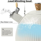 Lonffery Tea Kettle For Stove Top, 2.5 Quart Whistling Tea Kettle, Stainless Steel And Wood Pattern Folding Handle, Creamy White