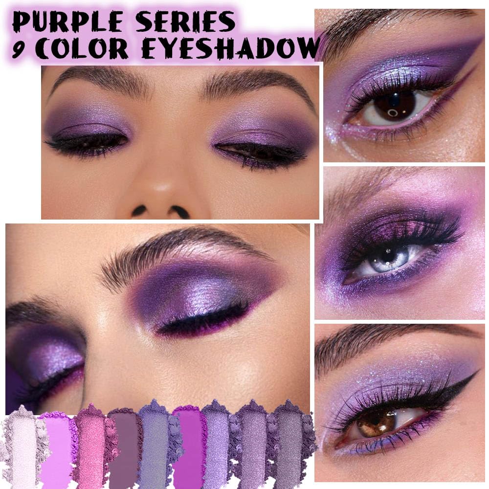 evpct 9 Colors Purple Glitter Eyeshadow Palette, Lavender Violet Purple Pink Glitter Metallic Shimmer Sparkly Eye Shadow Palette Makeup for Older Women Blue Eyes, Highly Pigmented Waterproof eyeshadow