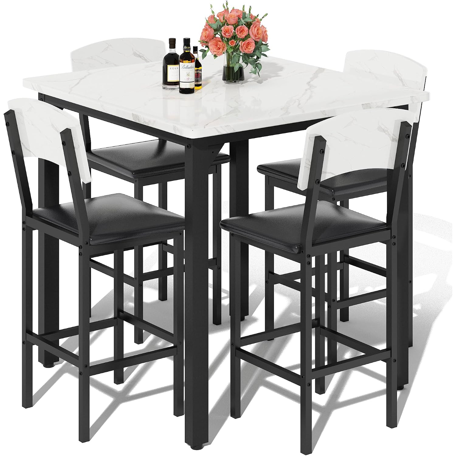 Awqm 5-Piece Dining Table Set, Dining Table Set For 4, Counter Height Table & 4 Bar Stools, Modern Kitchen Dining Set, With Upholstered Chairs, Compact Dining Set For Small Spaces, Marble Texture