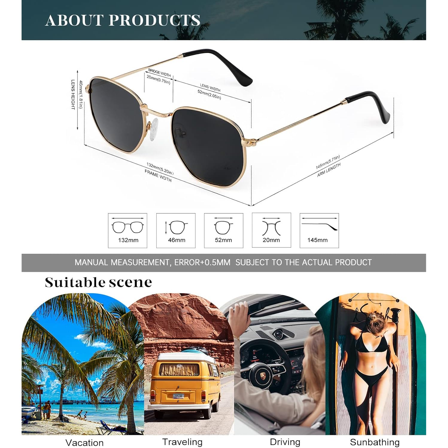 Kaliyadi Sunglasses For Women And Men, Polarized Square Uv Protection, Trendy Metal Frame Hexagon Sunglasses