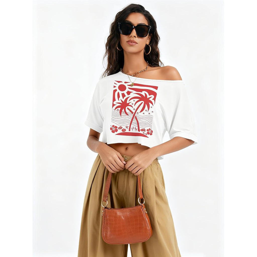 Kistore Off The Shoulder Tops for Women Going Out Short Sleeve Crop Top Boat Neck Loose T Shirt B Coconut Tree Print