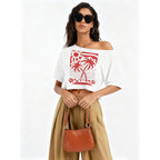 Kistore Off The Shoulder Tops for Women Going Out Short Sleeve Crop Top Boat Neck Loose T Shirt B Coconut Tree Print