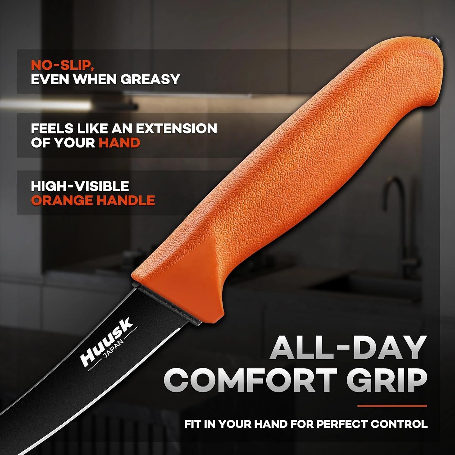 Huusk 5Pcs Butcher Knife Set - Professional Meat Processing Kit With Non-Slip Orange Handle, German Stainless Steel Granton Butcher, Skinning, Curved Boning, Caping Knife With Roll Bag Gift For Men