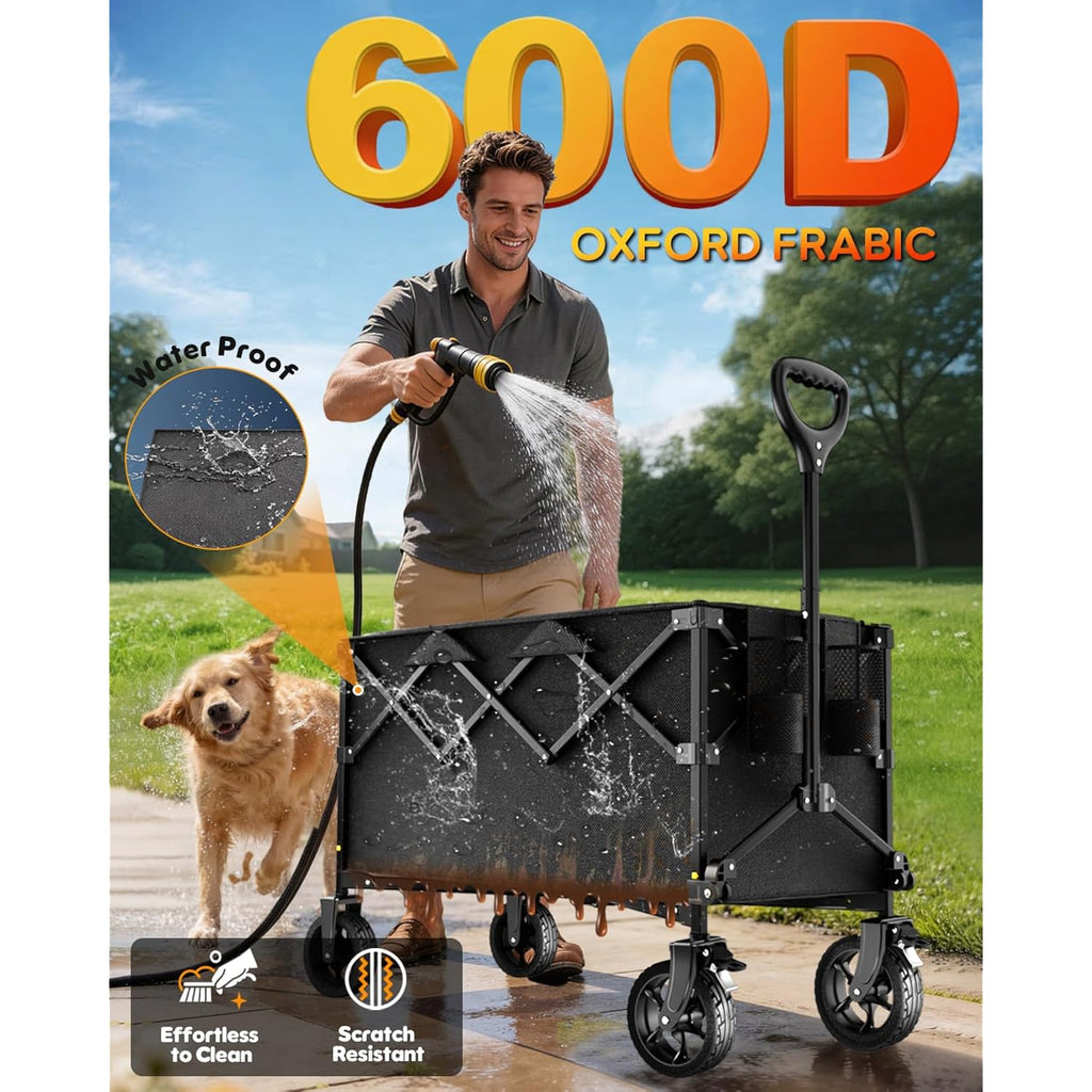 Heavy Duty Collapsible Wagon Cart, 200L Large Capacity Folding Beach Wagon With Big All-Terrain Wheels, Brake & Adjustable Handle, 500 Lbs Utility Cart For Camping, Sports, Garden And Grocery