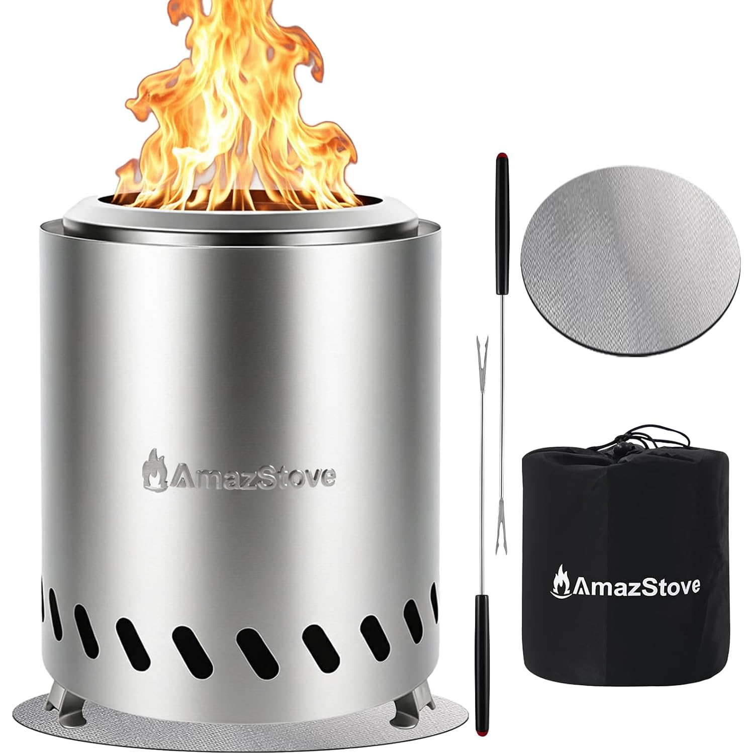 9.7 X 7.1 Inch Tabletop Fire Pit By Amazstove, Low Smoke Camping Stove For Outdoor Safe Burning Firepits, Fueled Pellets Or Wood, Travel Bag Included (Silver, 9.7 X 7.1 Inch)