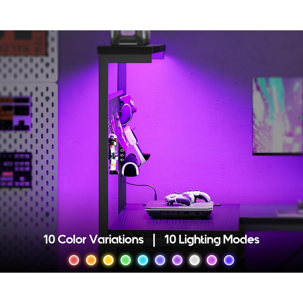 Motpk 43” L Shaped Gaming Desk For Small Rooms, Compact Corner Computer Table With Shelf & Hutch, 4 Drawers, Reversible Study Desk With Led Light, Power Outlets & Usb Ports, Home Office Table, Black