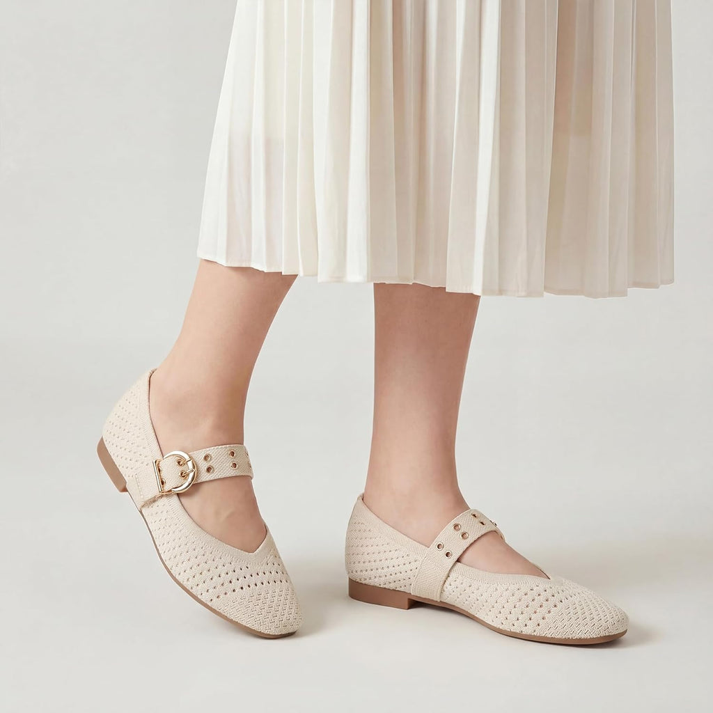 Trary Knit Flats for Women Square Toe Ballet Flats with Buckle Straps Mary Jane Shoes Women Comfortable Casual Dress Shoes for Work Daily Wear