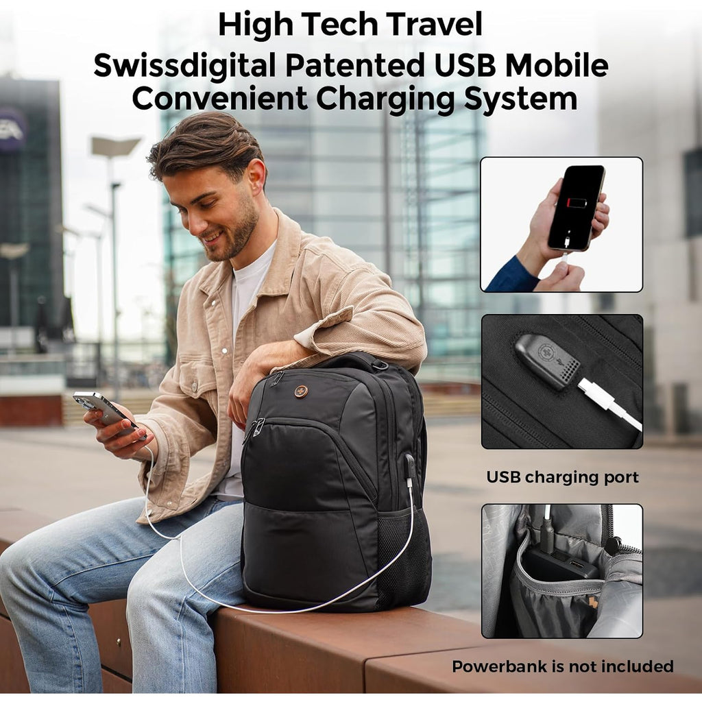 Swissdigital Design Backpack For Men & Women Fit 16 Inch Computer Sd1670-01 | Travel Laptop Backpack, College Bag, Business Backpack, With Usb Charging Port, Rfid Protetion Pocket, Water Bottle, Black
