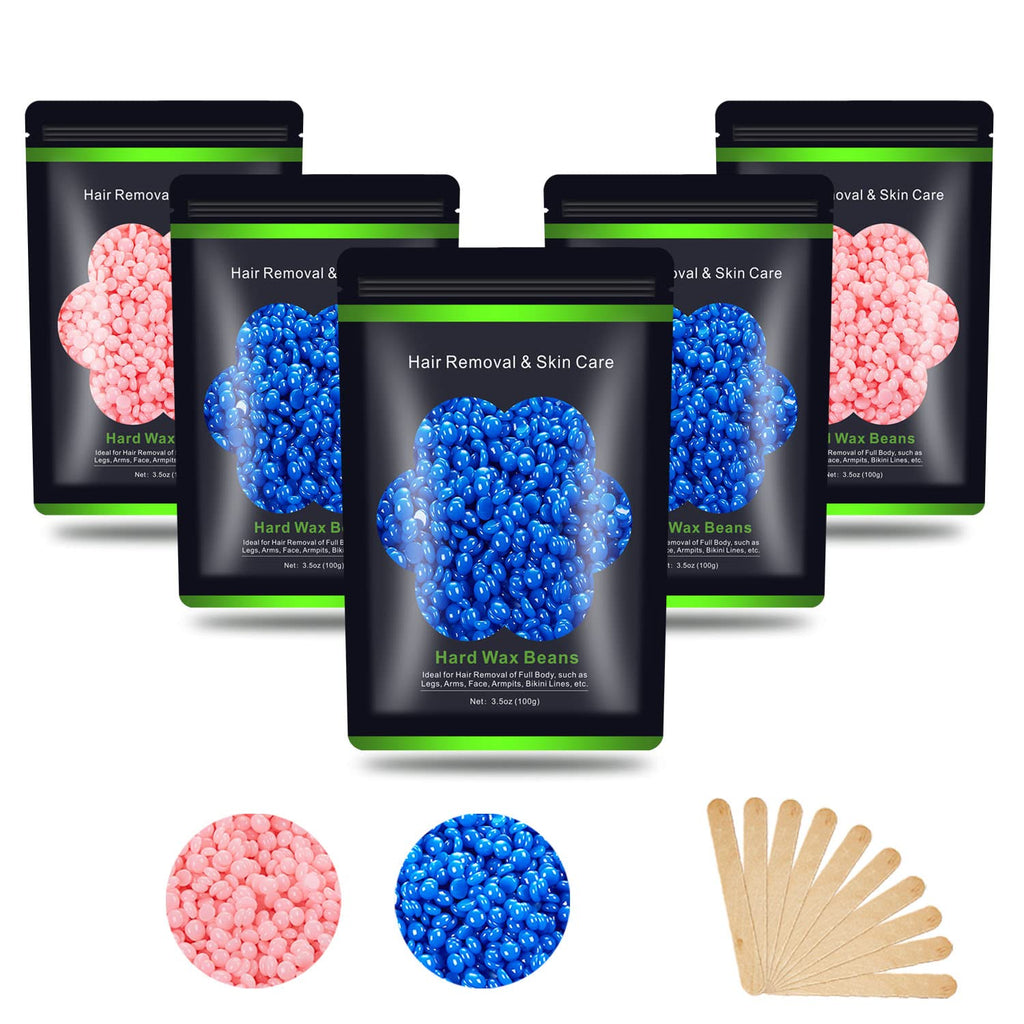 Wax Beads for Hair Removal 1.1 lb (17.6 oz), Hard Wax Waxing Beads Kit for Sensitive Skin Brazilian, Face, Bikini, Eyebrow, Legs, Painless for Women Men, 5 packs with 10 Sticks