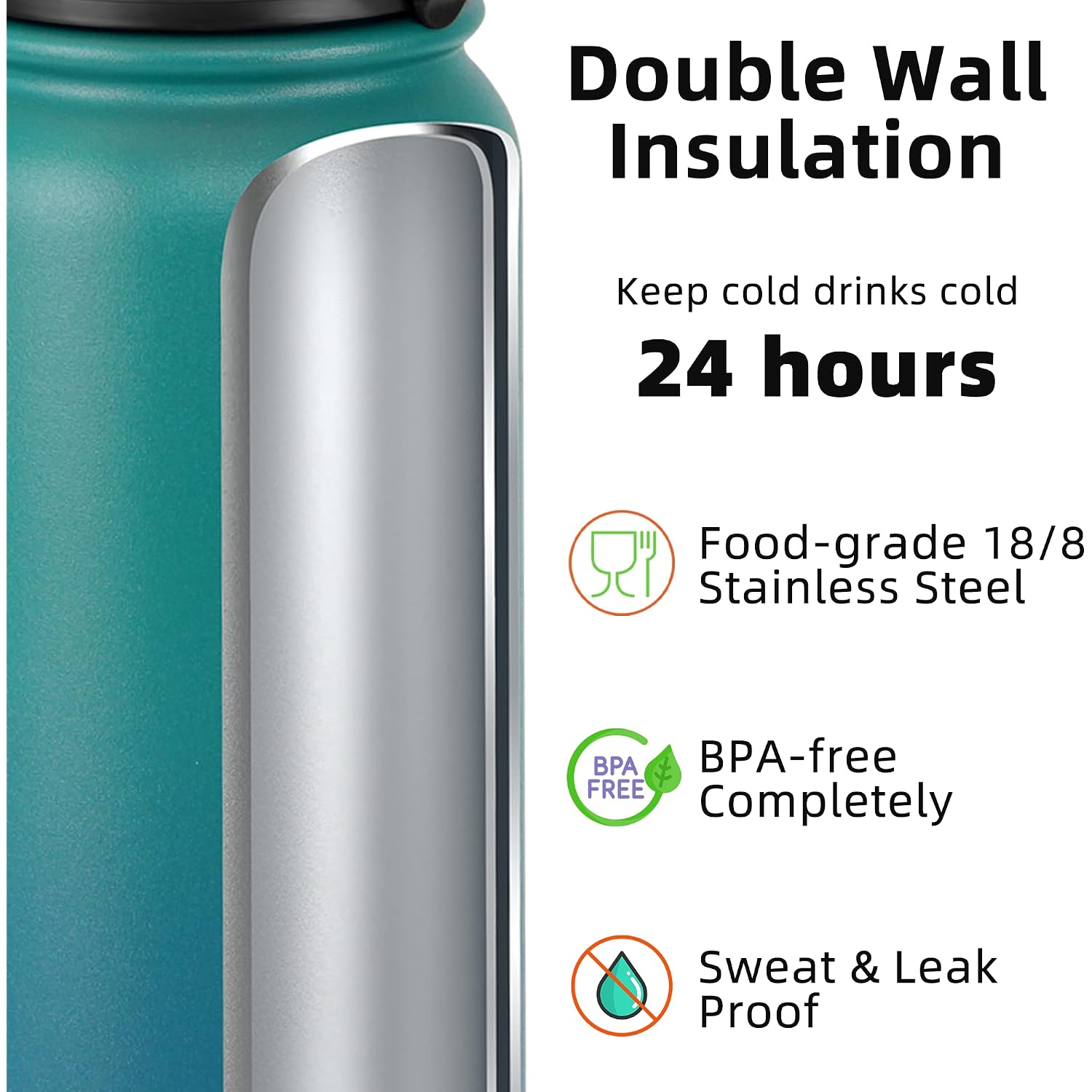 Fanhaw 20 Oz Insulated Stainless Steel Water Bottle With Anti-Dust Chug Lid, Leakproof Vacuum Metal Everyday Use Bottle For Kids, Teens & Adults, Back To School Essentials (Green Blue)