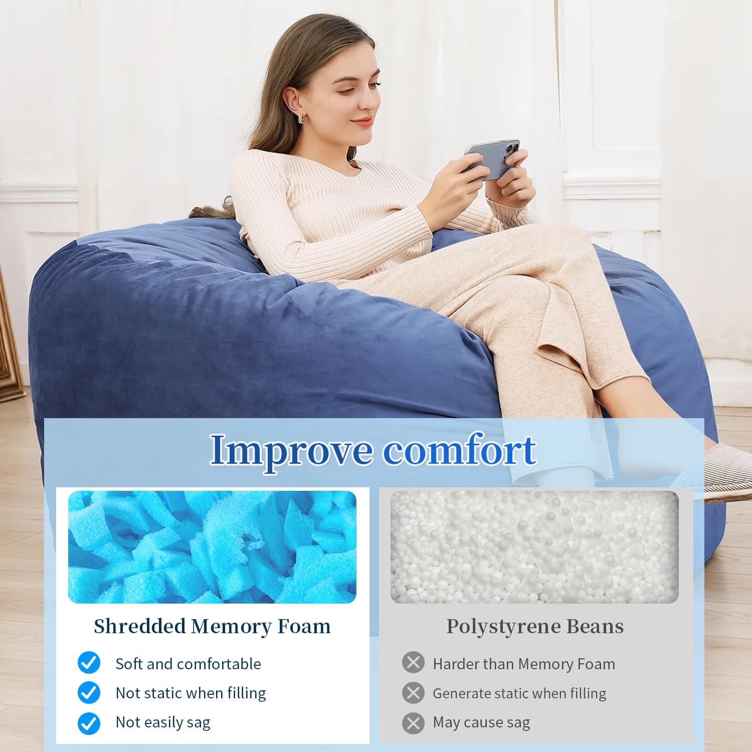 Bean Bag Filler, 10Lbs Shredded Memory Foam Filling, Soft Pillow Stuffing Bean Bag Refill Foam For Couch, Cushion, Stuffed Animals, Dog Bed, Arts Crafts