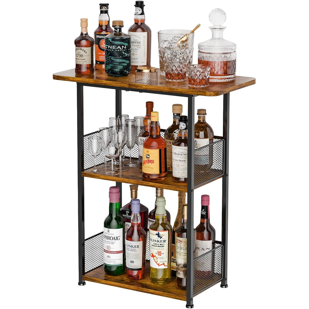 Eyteenokk Freestanding Wine Rack,3-Tier Small Mini Bar Table Liquor Cabinet With T-Shaped Countertop,Rustic Wood Metal Floor Wine Bottle Storage Stand For Home Bar Corner-23.62 X 9.44 X 27.67Inches