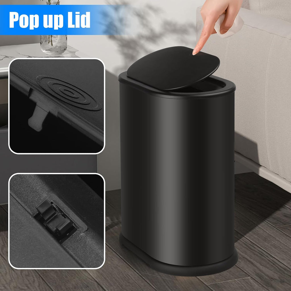 Anzoymx Stainless Steel Bathroom Trash Cans 1.8 Gallons Small Garbage Can With Pop Up Lid, Metal Narrow Wastebasket, Slim Waterproof Litter Trash Bins Set For Bedroom, Toilet, Office (Black)