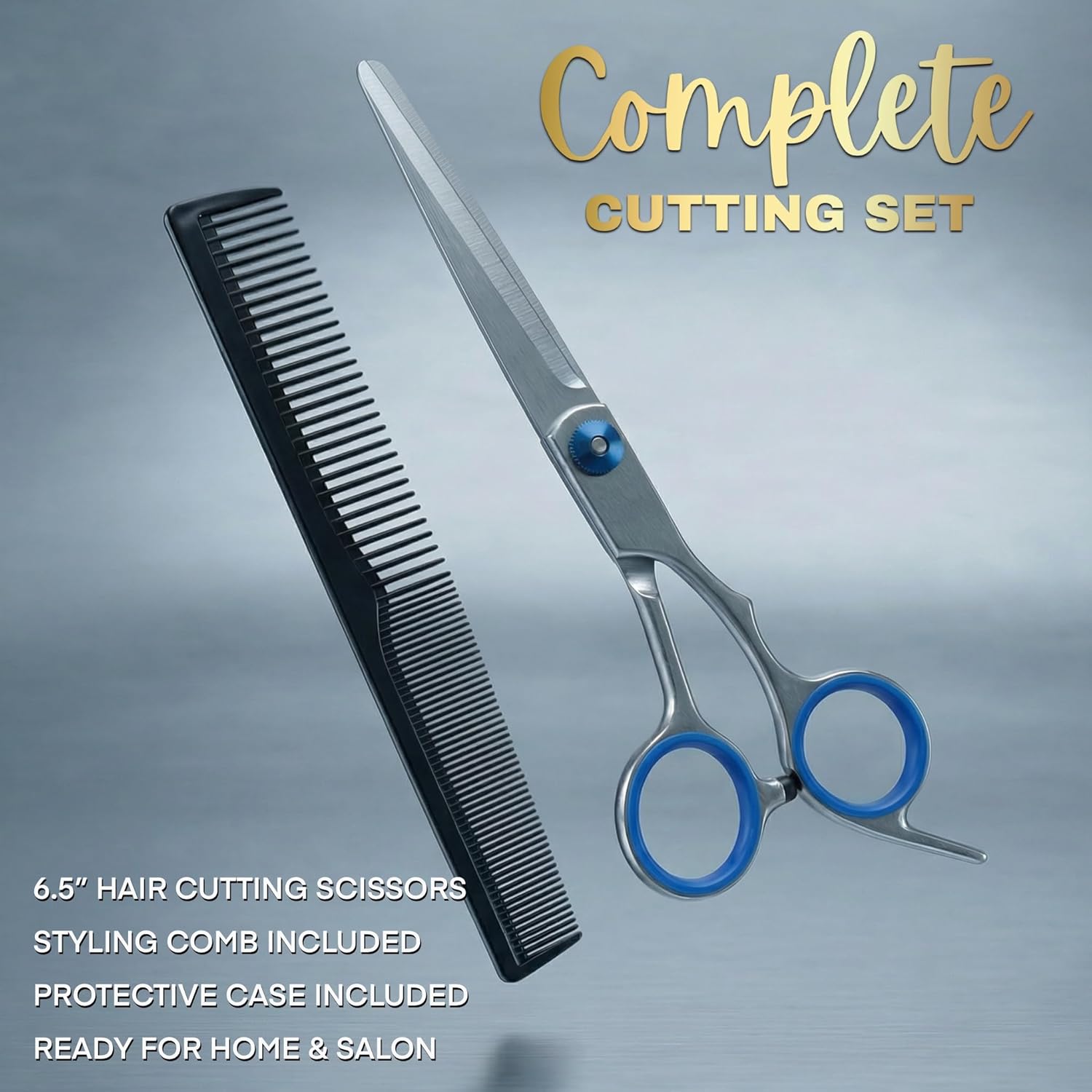 6.5” Stainless Steel Hair Cutting Scissors with Adjustable Tension Screw & Finger Rings, Professional Barber Shears for Men Women, Sharp Haircut Scissors Kit with Comb for Salon Home Use