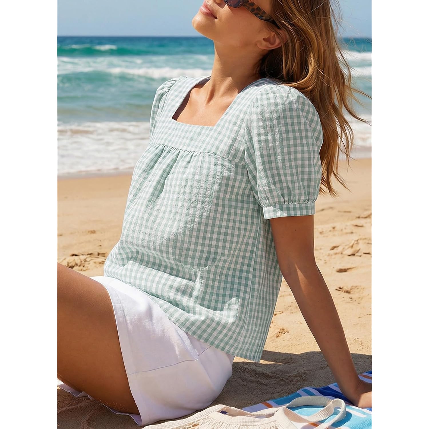 Evaless Tops For Women Short Sleeve Tunic Blouse Square Neck Gingham Tops Cotton Blend Plaid Shirt Cute Checkered Shirt