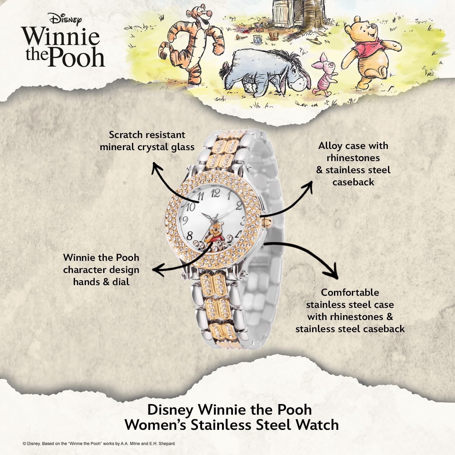Disney Adult Round Cz Stone Analog Quartz Floating Stones Bracelet Watch
