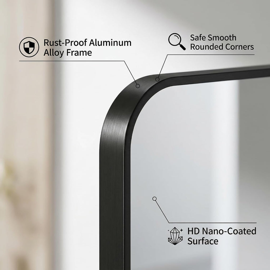 Koonmi Bathroom Mirror, 30X36 Inch Black Metal Framed Mirror For Bathroom, Tempered Glass, Anti-Rust, Rounded Rectangle Mirror For Restroom, Bedroom, Black