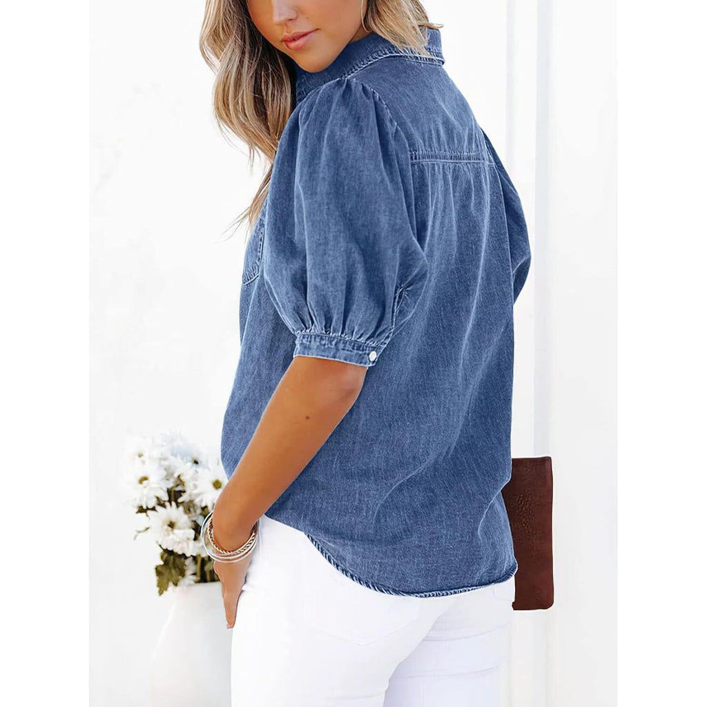 Women'S Casual Washed Distressed Puff Sleeve Denim Button Down Shirt Jean Jacket Coat