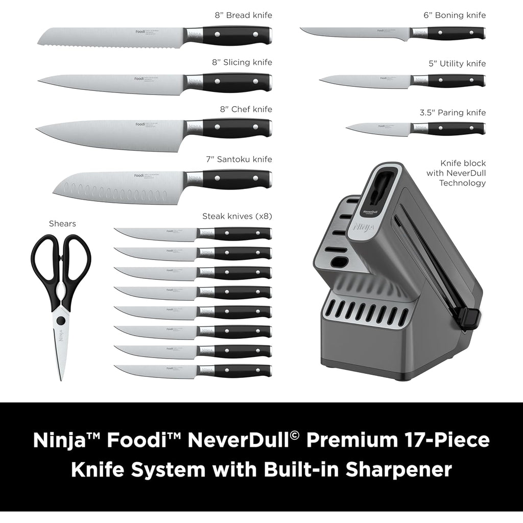 Ninja K32017 Foodi NeverDull Premium Knife System, 17 Piece Knife Block Set with Built-in Sharpener, German Stainless Steel Knives, Black