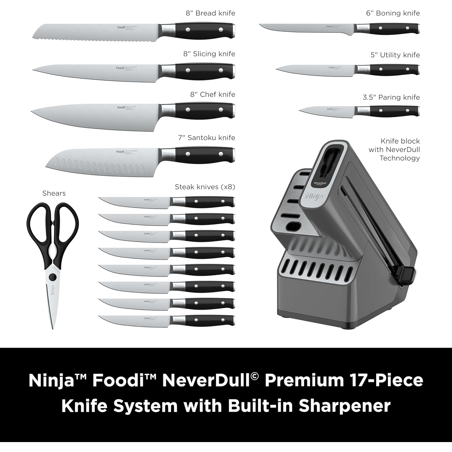 Ninja K32017 Foodi NeverDull Premium Knife System, 17 Piece Knife Block Set with Built-in Sharpener, German Stainless Steel Knives, Black