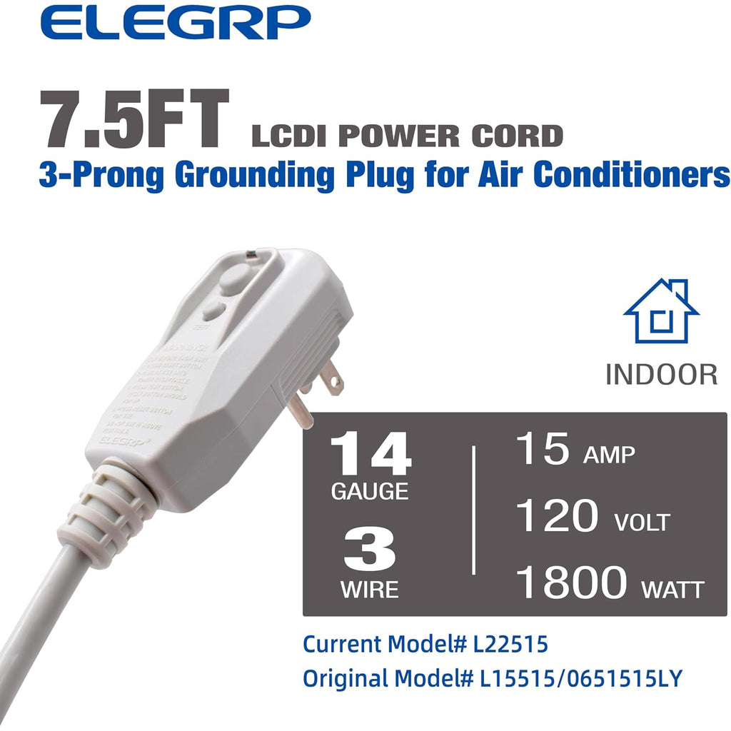 Elegrp 0651515Ly L15515 L22515 14Awg Lcdi Power Cord Plug For A/C Air Conditioner, E250451 Ul Certified, 7.5Ft Leakage Current Detection Interrupter Replacement, 120V 15A 1800W 60Hz Nema 5-15P, 1 Pack