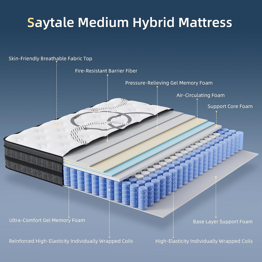 Queen Mattress, 12 Inch Hybrid Queen Size Mattress In A Box, Medium Firm, Memory Foam & Pocketed Springs, Pressure Relief, Certipur-Us Certified& Fiberglass Free, Motion Isolation, 365-Night Trial