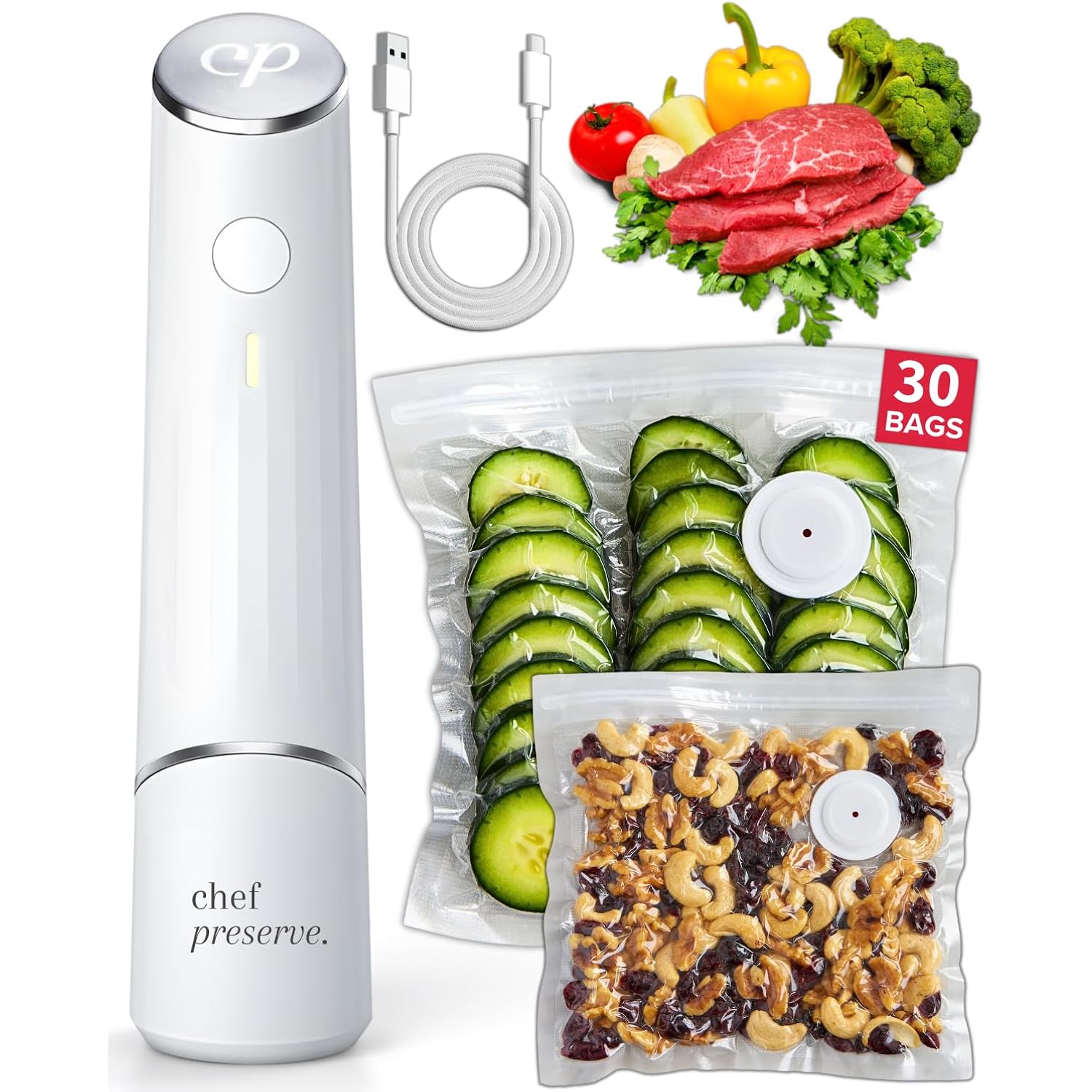 Chef Preserve Compact Vacuum Sealer for Food (Vacuum Sealer Machine + 30 Reusable Vacuum Bags) Powerful Handheld Vacuum Sealer Machine, Seal Meal Saver, Portable Food Sealer