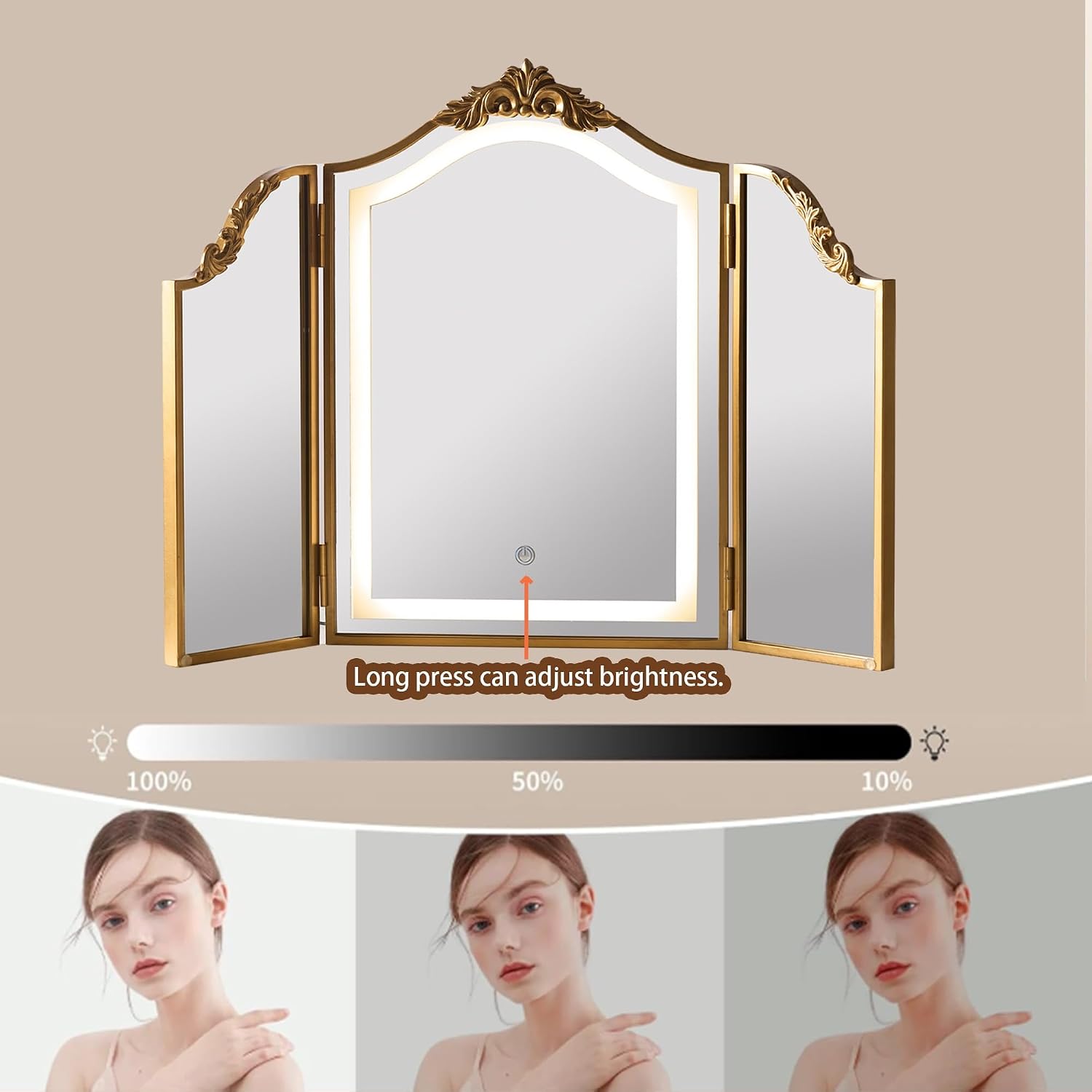 Hsddhome Antique Gold Triple Fold Makeup Mirror With Tri-Color Led Lighting & Dimming, Baroque Carved Arch Vintage Vanity Mirror, Bohemian Decor For Bedroom/Dressing Room, 31X23 Inch