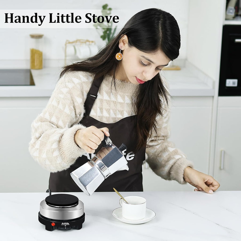Artilife 500W Mini Electric Hot Plate - Moka Pot Special, 110V Compact Rv Camping Stove, 4" Cast Iron Burner For Coffee, Low Wattage Portable (Silver)