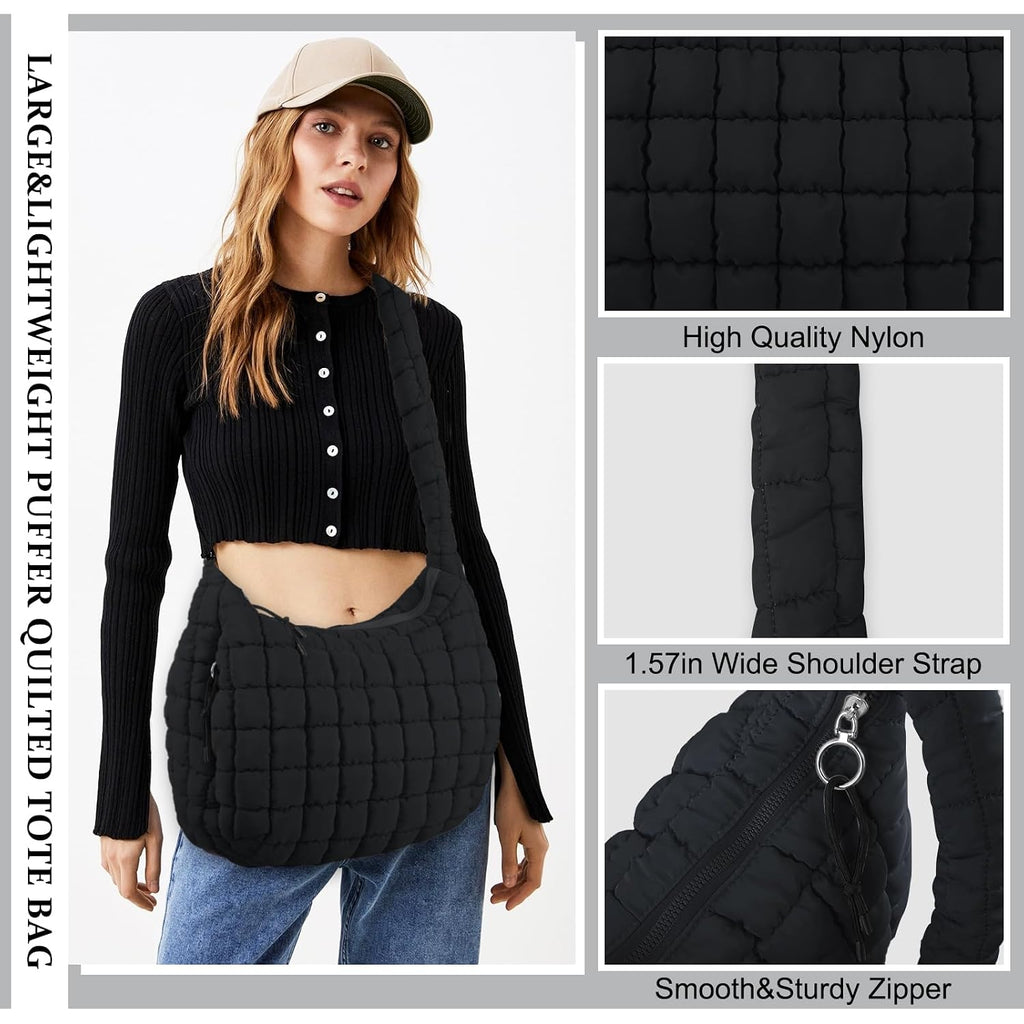 Quilted Puffer Tote Bag Purse Puffy Crossbody Shoulder Bag,Lightweight Nylon Hobo Bag Puffer Carryall Bag For Women Girl
