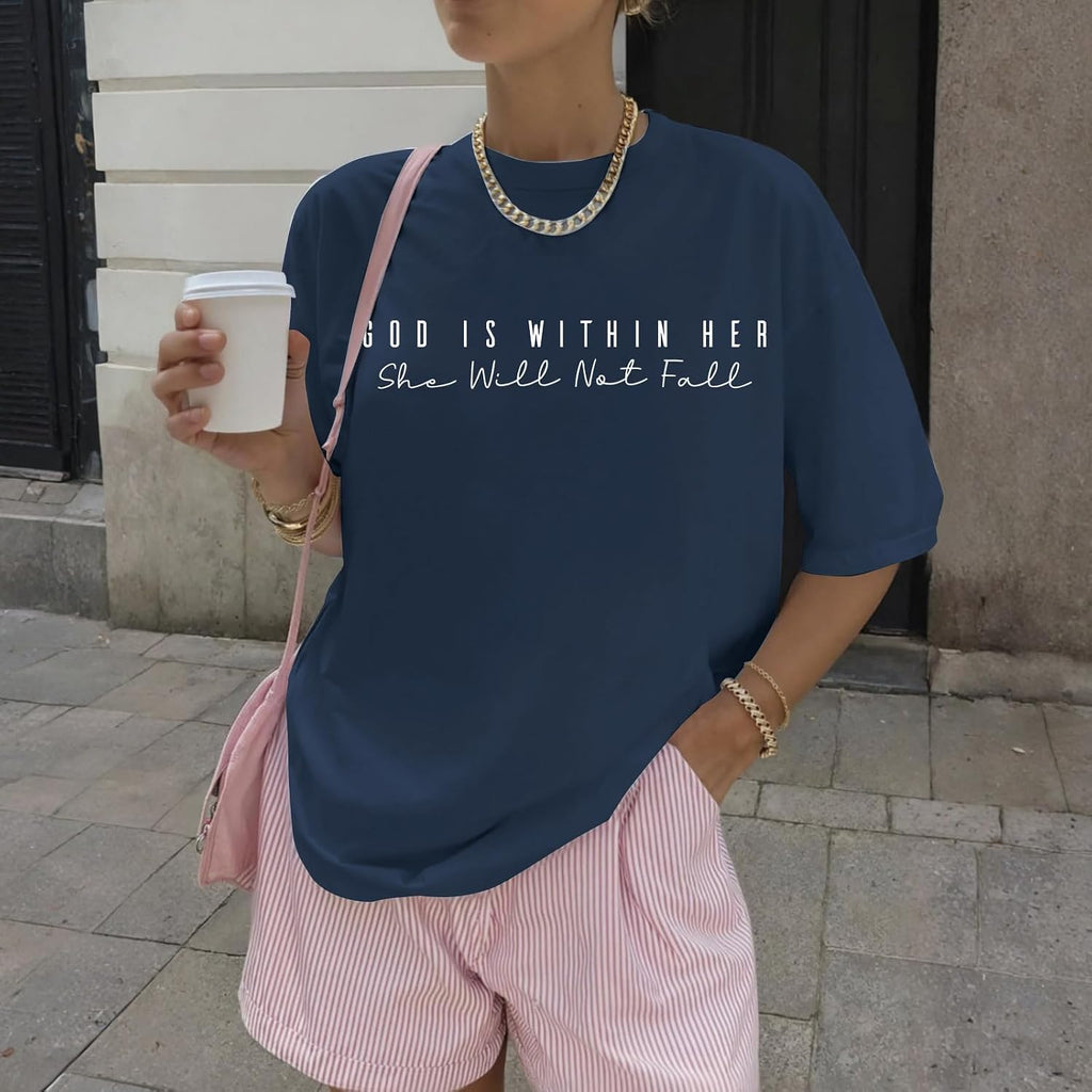Jinluth Oversized Christian Shirts for Women Jesus Faith Shirt Bible Verse T Shirt God is Within Her Tees Inspirational Tops Navy Blue