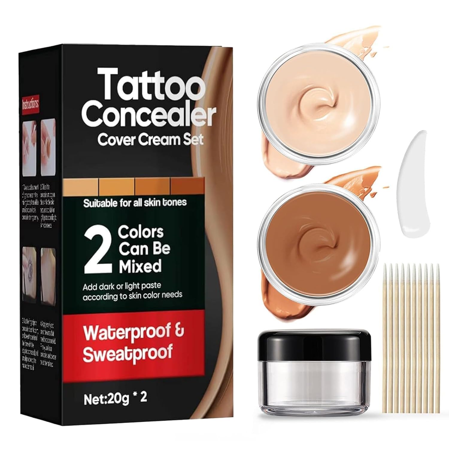Tattoo Cover Up Makeup, 2-Color Waterproof & Sweatproof Concealer Set, Long-Lasting Camouflage for Body Tattoos, Imperfections & Spots, Natural Invisible Finish