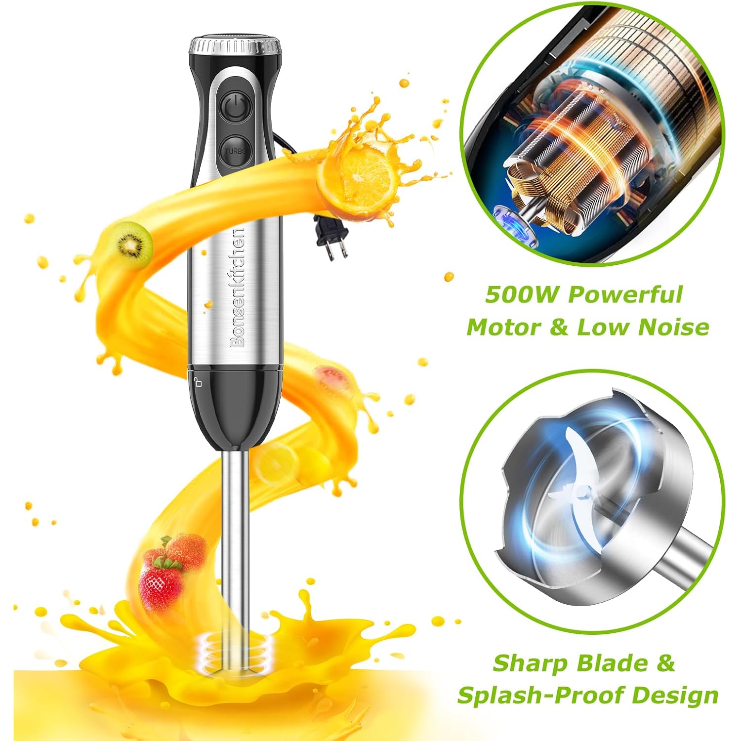 Bonsenkitchen Immersion Blender Handheld with Food Processor, 20 Speeds Hand Blender with Turbo Mode, Stainless Steel Blade, Egg Whisk, Beaker & Chopper Bowl, Hand Mixer for Smoothie, Soup, Baby Food