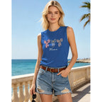 4th of July Flag Tank Tops Women-Floral American Flag Tops Patriotic Sleeveless Shirt Red White Blue Tank Top