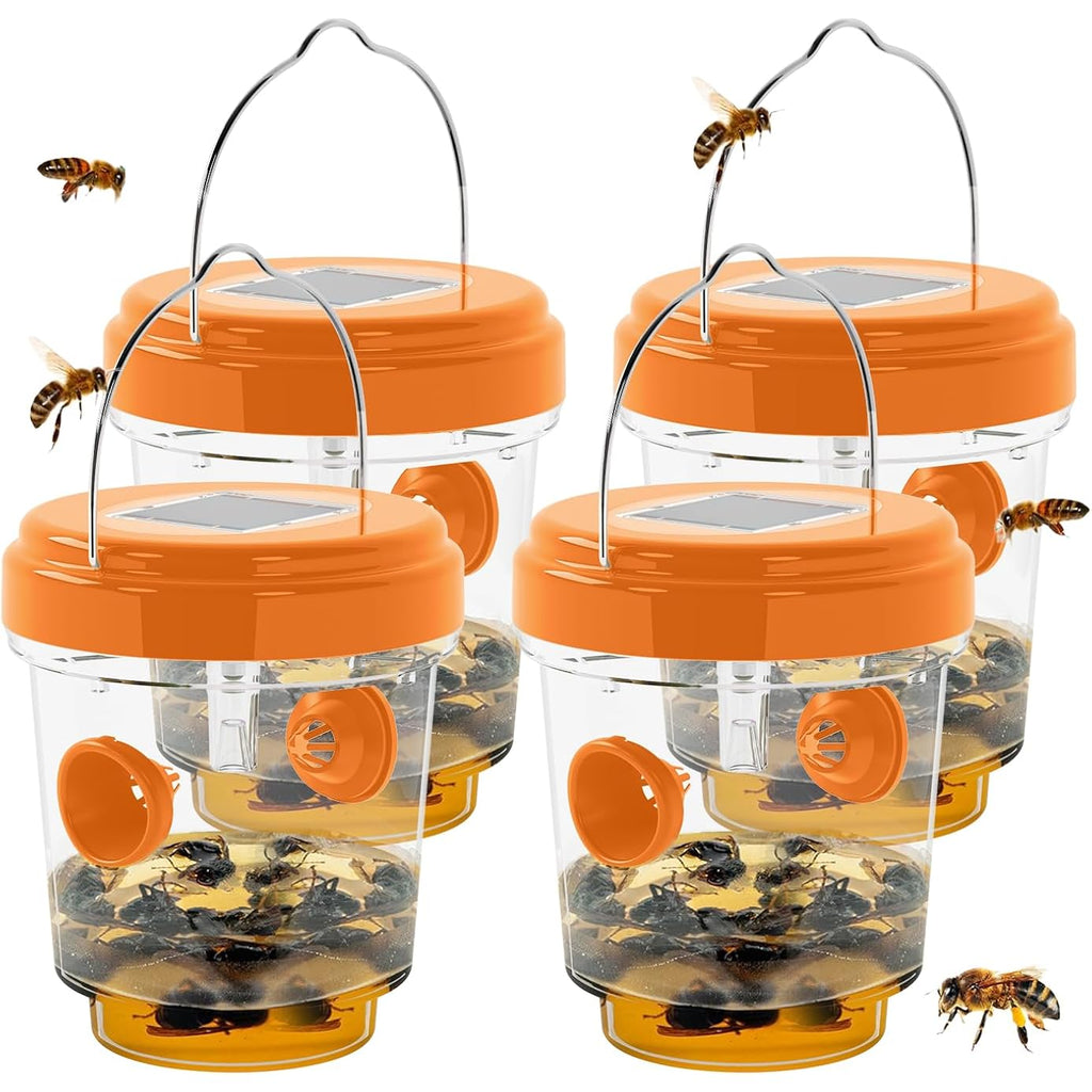 Wasp Trap Outdoor Hanging, Solar Powered Bee Trap Hornets Yellow Jacket Traps Reusable, Bee Wasp Catcher For Garden Patio Yard Orchard, 4 Packs