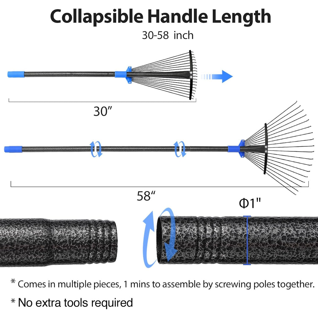Adjustable Metal Leaf Rake Long Handle, Garden Rakes For Lawns Heavy Duty Leaves With Expandable Head 8-17", Yard Women Kids Rake For Gardening Rv Camping